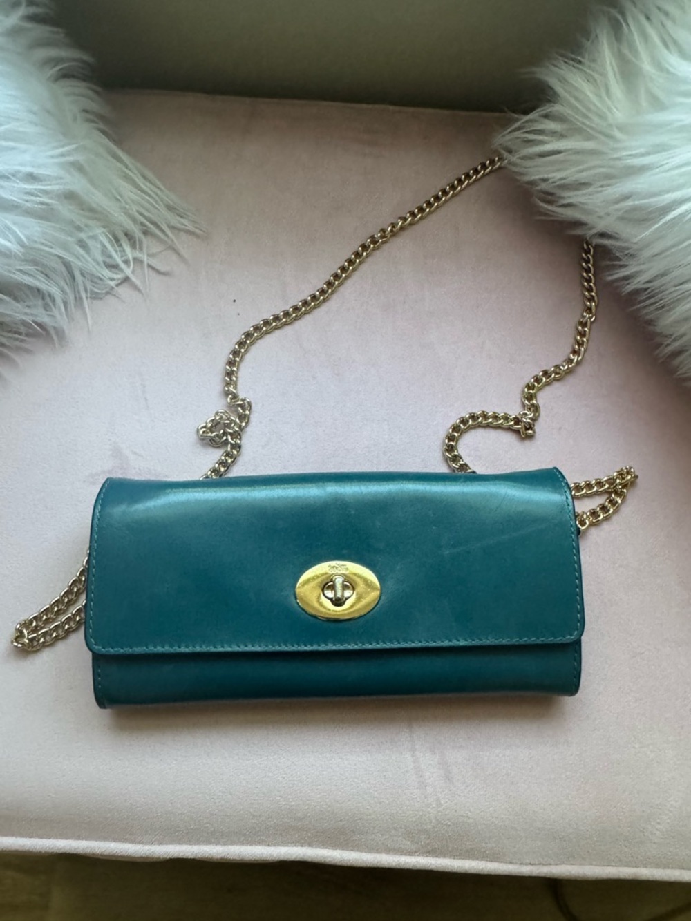 Teal Coach Leather Chain Crossbody Wallet - Gold Hardware